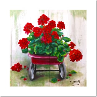 The Red Wagon with Gerainiums Posters and Art